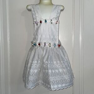 Cottagecore White cotton eyelet lace  pinafore apron with‎ satin rosette flowers